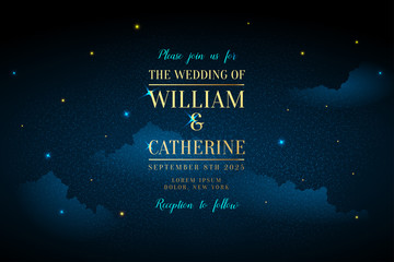 Magic night dark blue sky with sparkling stars vector wedding invitation. Andromeda galaxy. Gold glitter powder splash background. Golden scattered dust. Midnight milky way. Fairytale magic card.