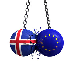 Iceland flag and European union political balls smash into each other. 3D Rendering