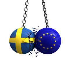 Sweden flag and European union political balls smash into each other. 3D Rendering