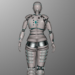 Robot Woman or Female Cyborg back view on gray background. 3D render