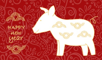 Red paper cut pig zodiac and money sign isolate on white background vector design. Vector illustration.