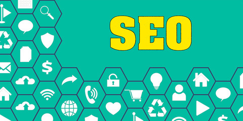 SEO Panoramic Hi tech banner with hexagons icons and tags
