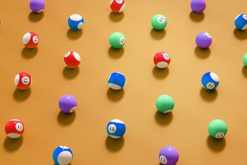 3d rendering vivid billiard table top view balls sport theme.