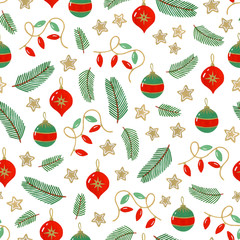 christmas seamless pattern. hand painted gouache pine branches and christmas decorations.