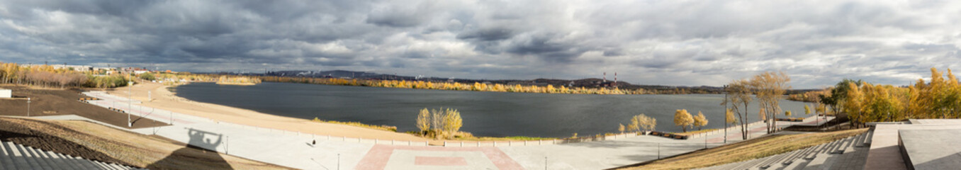 Panoramic view of the Magnitogorsk Metal Works located on the Ural river bank. The city of Magnitogorsk, Chelyabinsk Oblast, Ural, Russia