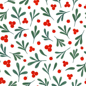 christmas seamless pattern. hand painted gouache winter plants, branches and berries.