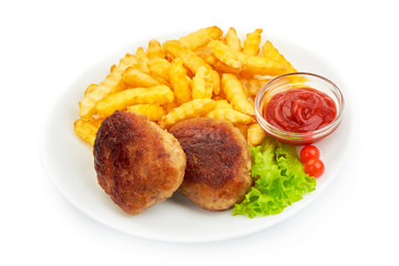 Homemade Roasted meatballs with french fries, close-up, isolated on a white background.