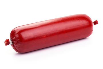 Packed Salami sausage, close-up, isolated on a white background.