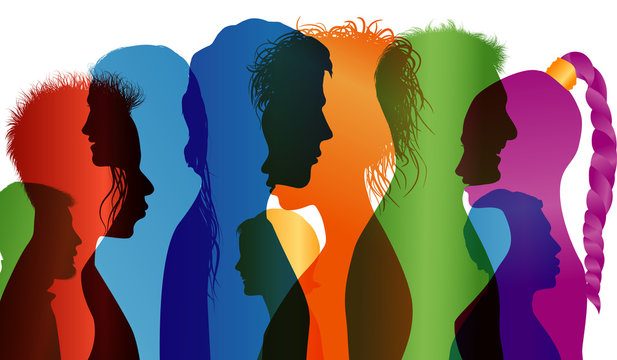 Multi-ethnic people. Colored profile silhouette. Group of people of different nationalities. Multiple exposure