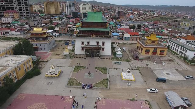 Aerial drone shot of Gandantegchinlen Monasteryin Mongolia Ulanbator