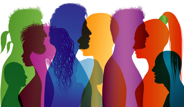 Multi-ethnic people. Group of people of different nationalities. Colored profile silhouette. Multiple exposure