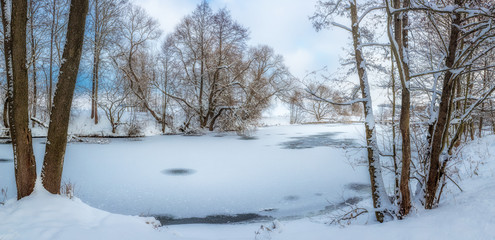 Panorama of Drozdy park dam at whinter. Minsk, Belarus.