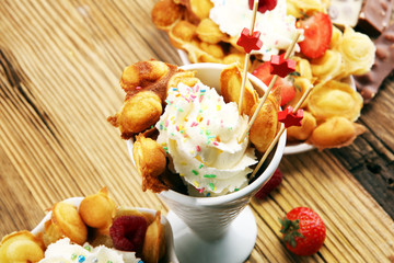 Hong Kong style egg waffle on wooden board. bubble waffle