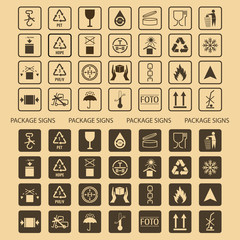 Vector packaging symbols set on cardboard background: Don't roll, litter, Clamp here, No hand- or forklift truck, Handling with care, Protect from radiation and other signs and icons. Use on package