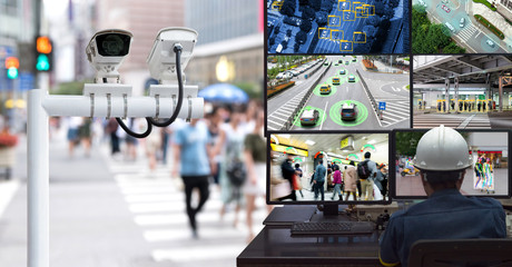 Machine Learning analytics identify person technology in smart city , Artificial intelligence ,Big data , iot concept. Engineer monitoring cctv , security camera and face recognition people  traffic. - obrazy, fototapety, plakaty