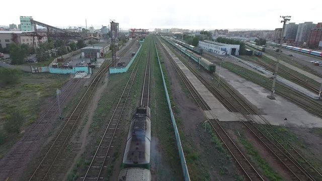 Aerial drone station close up following train in Mongolia Ulan Bator