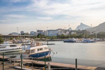 Fototapeta premium Marina da Gloria Boats and Corcovado Mountain on background - Rio de Janeiro, Brazil