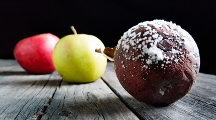 red, green and rotten apple on wooden background