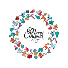 Merry Christmas hand lettering. Festive frame for the New Year in doodle style..