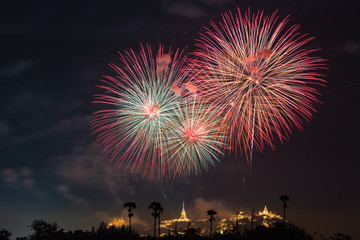 Fototapeta na wymiar The colorful fireworks at Kao Wang Temple in Petchaburi, Thailand