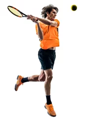 Foto op Plexiglas one caucasian hispanic tennis player man in studio silhouette isolated on white background © snaptitude