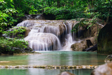 The stunning and beautiful Erawan waterfalls near Kanchanaburi located a little north west of Bangkok in Thailand. 