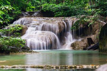 The stunning and beautiful Erawan waterfalls near Kanchanaburi located a little north west of Bangkok in Thailand. 