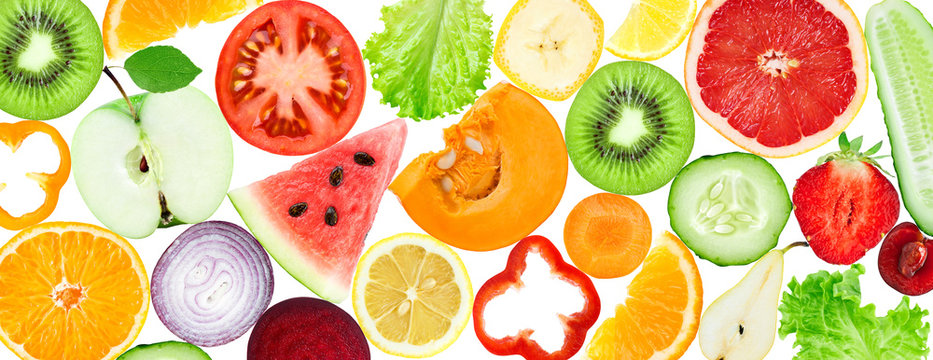 Background of fresh fruit and vegetable slices