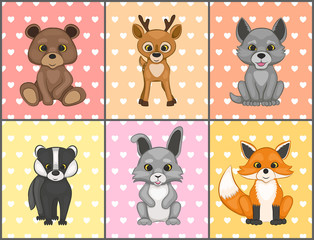 Cute forest animals. Bear, deer, wolf, badger, hare, fox. Vector illustration.