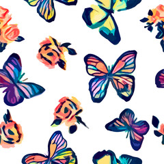 Butterflies seamless pattern for girls with colorful insects and rosses. Girlish print with neon butterfly