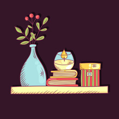 Interor book shelf colorful vector illustration