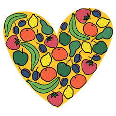 Set of fruits isolated on white background. Heart with hand drawn fruits: banana, plum, orange, pear, lime, persimmon isolated on white background. Cartoon fruit. Vector illustration. 