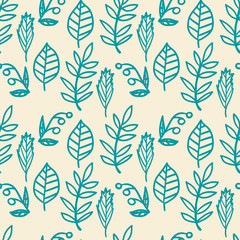 Vector seamless hand drawn floral pattern. Background with plants, leaves, branch, berry.