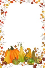 Thanksgiving fall autumn holiday hand drawn leaf gourd border design background for paper, greeting card, poster, ad, invitation, happy thanksgiving