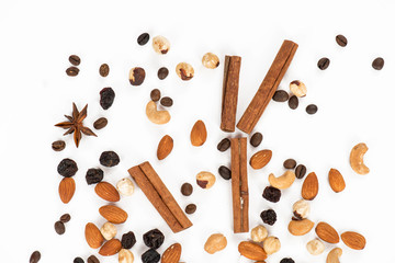 Assorted nuts and dried fruits on isolated background