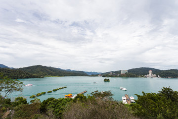 Sun Moon Lake aerial view from the top of the mountain in Taiwan