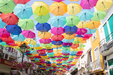 Fototapeta na wymiar colorful umbrellas in the sky, Agueda Portugal