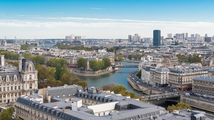 Obraz premium Paris, panorama of the city hall and the Saint-Louis bridge, view from the Saint Jacques tower 