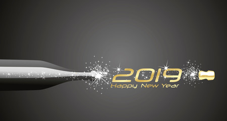 Happy New Year 2019 champagne bubbles firework gold black abstract background