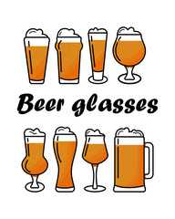 Bar collection of the  beer mugs and glasses in flat style isolated on white background. Vector illustration.