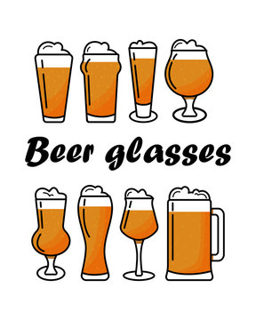Bar collection of the  beer mugs and glasses in flat style isolated on white background. Vector illustration.