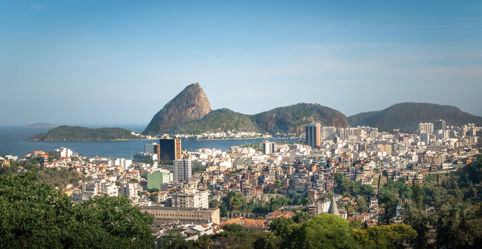 Aerial view of dowtown Rio de Janeiro and Sugar Loaf Mountain from Santa Teresa Hill - Rio de Janeiro, Brazil