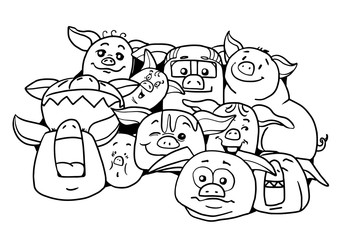 Pigs cartoons. Heads. Coloring.