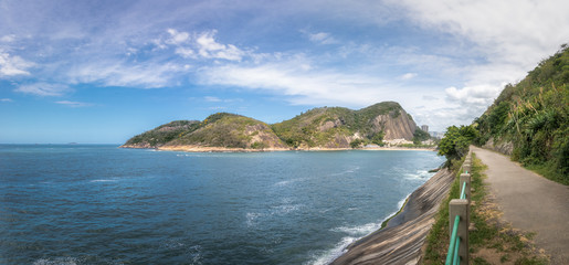 Panoramic view of Urca mountain trail, Praia Vermelha (Red Beach) and Guanabara Bay - Rio de Janeiro, Brazil