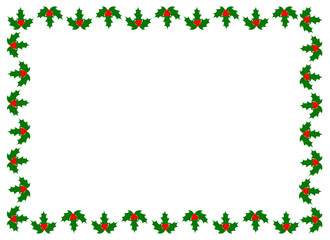 Christmas frame with holly leaves and berries with blank space for your text design template.