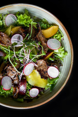 Beef salad with radish, peach and green vegetables