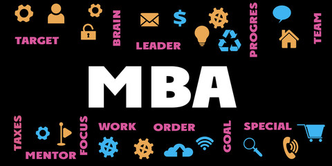 MBA Panoramic Banner  with Gears icons and tags, words. Hi tech concept. Modern style