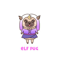 Сute dog breed pug in a elf costume with moon. It can be used for sticker, patch, phone case, poster, t-shirt, mug and other design.