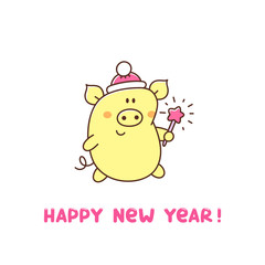 Сute yellow pig in a Santa Claus hat with Bengal fire. Happy New Year card. It can be used for sticker, patch, phone case, poster, t-shirt, mug and other design.