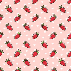 Seamless pattern with strawberry, on a pink background with white hearts. It can be used for packaging, wrapping paper, textile and etc. Excellent print for children's clothes, bed linens, etc.